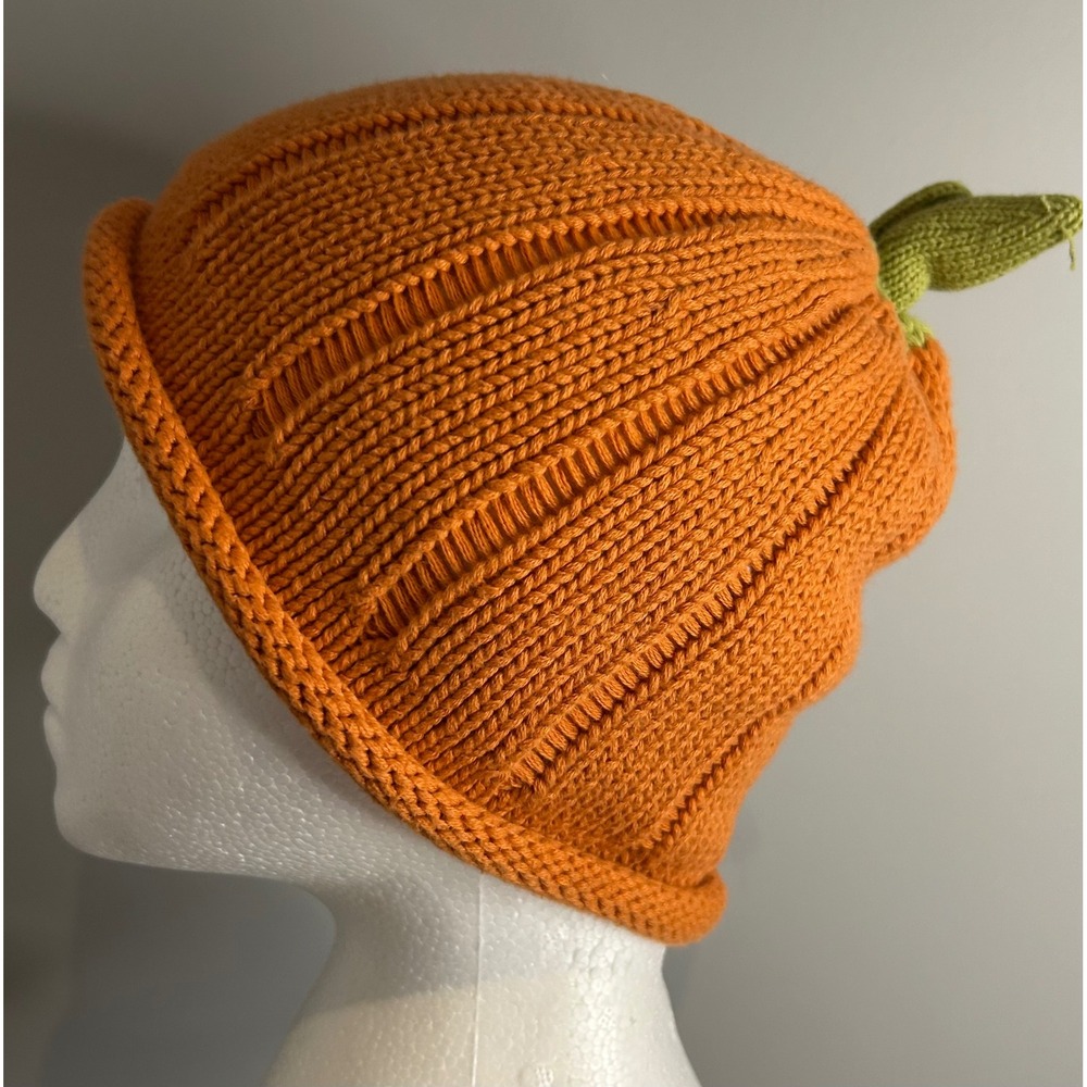 Gymboree Kids Orange Cotton Knit Pumpkin Beanie Hat Stem Leaf Halloween